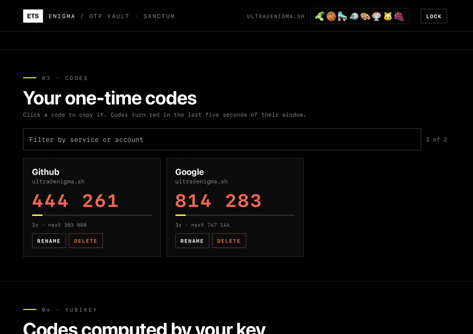 The code list with a countdown on each code and the next code shown.