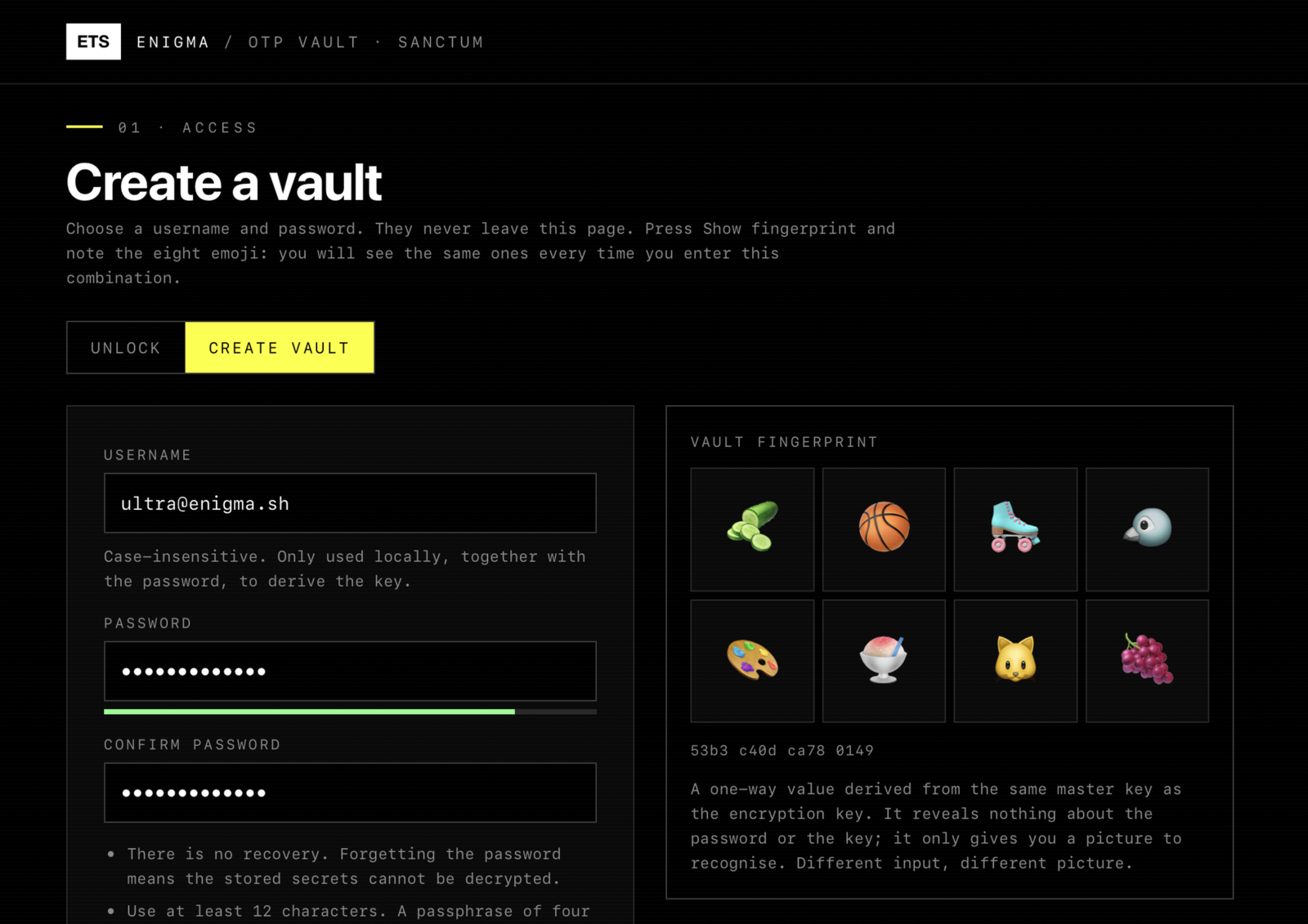 Create a vault: username, password and the eight-emoji fingerprint.