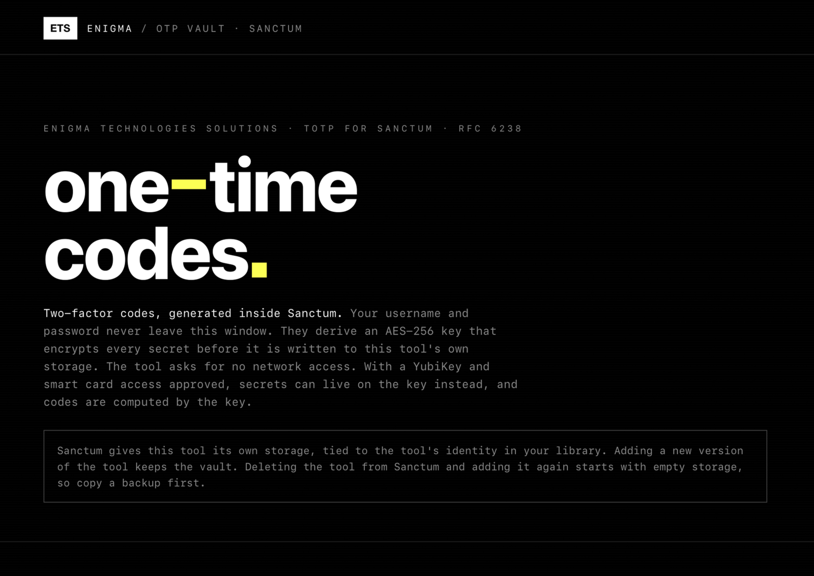 OTP Vault, a tool that keeps one-time codes in Sanctum storage.