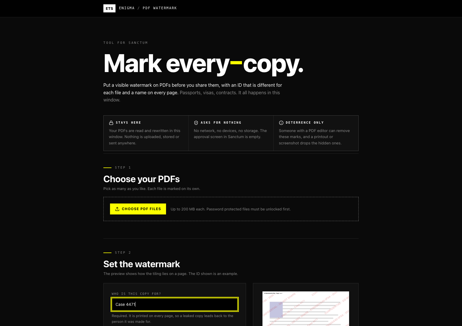 Enigma PDF Watermark, a tool that puts a watermark with the recipient's name and a unique ID on PDFs.