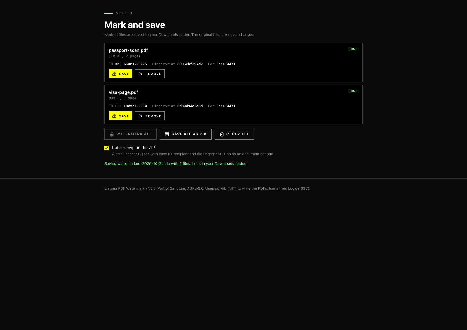 Marked files, each with its ID, fingerprint and recipient, and buttons to save each file or all of them as a ZIP.