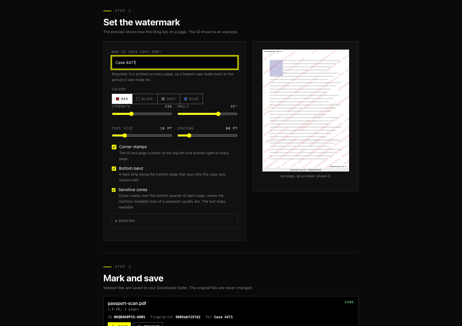 Watermark settings: who the copy is for, colour, strength, angle, size and spacing, with a preview of the tiled text on an A4 page.